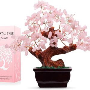 Feng Shui Natural Rose Pink Quartz Crystal Money Tree, Healing Crystal Trees Bon